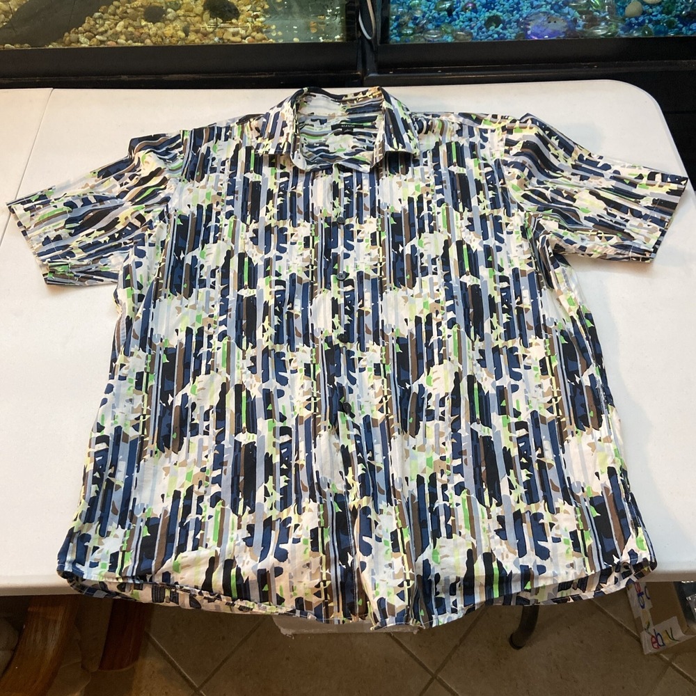 Alfani Mens Short Sleeve Button Down Shirt Large Multicolor Abstract Casual Top